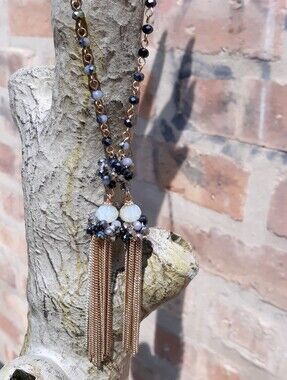 Extra Long Beaded Statement Tassle Chain Necklace Blue Gold